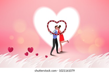 Red heart flower on pink background with  sweet couple on honeymoon vacation summer holidays romance. Love concept. Happy Valentine's Day wallpaper, poster, card. Vector illustration.