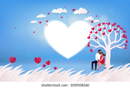 Red heart flower on pink background with  couple kissing under love tree on vacation summer holidays romance. Happy Valentine's Day wallpaper, poster, card. Vector illustration.