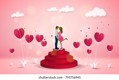 Red heart flower on pink background with  couple kissing on red stage honeymoon vacation summer holidays romance. Love concept. Happy Valentine's Day wallpaper, poster, card. Vector illustration.