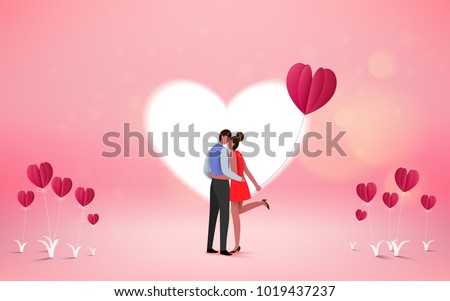 Red heart flower on pink background with  sweet couple on honeymoon vacation summer holidays romance. Love concept. Happy Valentine's Day wallpaper, poster, card. Vector illustration.