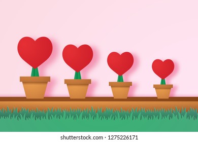 Red heart in flower pot with grass , paper art style