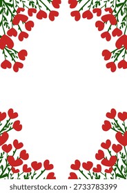 Borde rojo del cartel del Vector de la flor del corazón con las hojas verdes