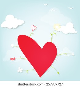 Red heart with flowers in the sky