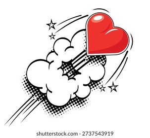 Red heart fly at high speed and breaks through the cloud. Vector on transparent background in comic style 