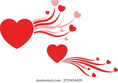 red heart with flying trails and smaller hearts, romantic love and celebration vector