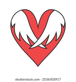 Red heart with folded white wings icon emblem isolated on white background. Angel heart. Vector illustration