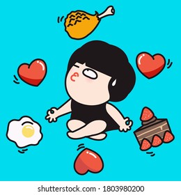 Red Heart And Food Are All Around Woman In A Yoga Meditation Pose Concept Card Character illustration