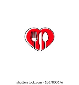 red heart and fork spoon, knife. for a restaurant icon or symbol