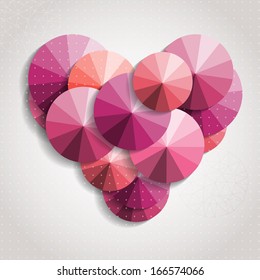 Red heart form made from colorful round shapes. Elegant Valentine`s day background. Card template. Vector illustration