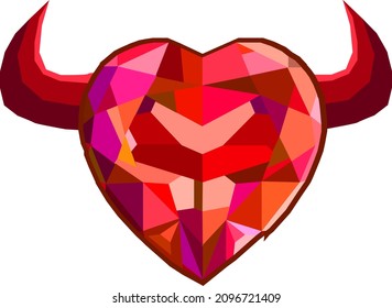 El corazón rojo en forma de piedra preciosa. Arriba hay cuernos demoníacos. Se puede usar para un salvapantallas sobre una historia de amor fatal o una pegatina en un teléfono móvil. Ilustración vectorial.