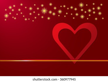 The red heart frame is in the right side of the vector above the red and golden gradient link. Many small shining golden stars  are above the heart. All is on a red background with light.
