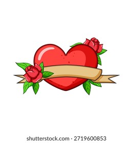 Red heart framed by blooming roses and a blank ribbon banner in classic old school tattoo style, vintage romantic emblem symbolizing love, devotion and passion on white background