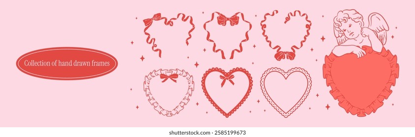 Red heart frames with bow and ribbons in vintage coquette girly style. Cupid with frame in shape of heart-shaped lace pillow. Hand-drawn line borders for Valentine's Day cards, Wedding invitations.	