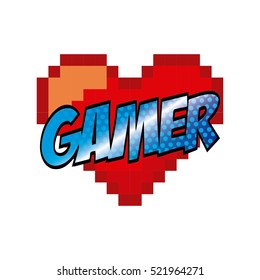 red heart with gamer word in color blue over white background. Video game interface design. Colorful design. vector illustration