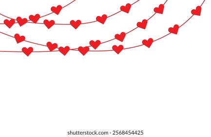 Red heart garlands border. Banner with heart garlands hanging.