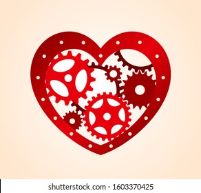 Red heart with gears. Mechanism. Steampunk. Vector design element for a stylish holiday greeting card, love concept, print for t-shirt, clothing and bags