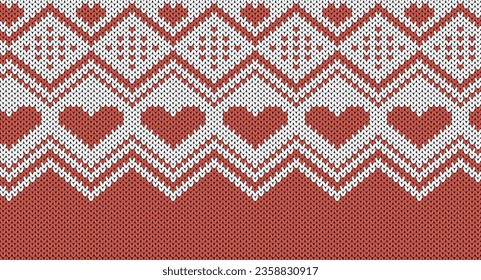 Red heart and geomatric Knitted pattern, Festive Sweater Design. Seamless Knitted Pattern