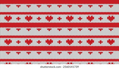 Red heart and geometric knitted pattern, Festive Sweater Design. Seamless Knitted Pattern