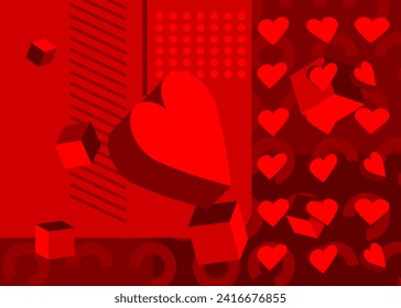 Red Heart geometrical graphic retro theme background. Minimal Valentine's Day geometric elements. Vintage abstract shapes vector illustration.