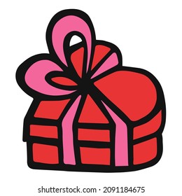 Red heart gift box with ribbon hand drawn doodle illustration for Valentines day