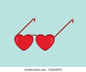 Red heart glasses in a blue background