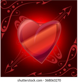 red heart with glossy reflections on the deep red background with ornaments, vector
