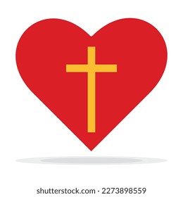 Corazón rojo con cruz dorada adentro. Símbolo de amor de Jesús. Ilustración vectorial de Dios. Símbolo católico vectorial plano, cruz amarilla dentro del corazón.
Símbolo de la cruz cristiana dentro de la forma del corazón.