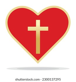 Red heart with gold cross inside. Jesus love symbol. God vector illustration. Catholic symbol flat vector, golden cross inside heart. Symbol of Christian cross inside heart shape.