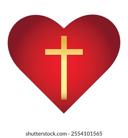 Red heart with gold cross inside. Jesus love symbol. God vector illustration. Catholic symbol flat vector, golden cross inside a heart.
Symbol of Christian cross inside heart shape.