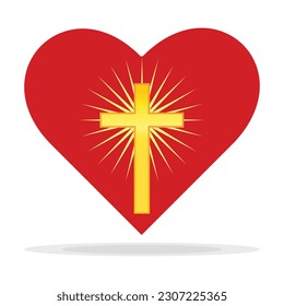 Corazón rojo con cruz dorada y luz dentro del corazón. Símbolo de amor de Jesús. Ilustración vectorial de Dios. Símbolo católico vectorial plano, cruz dorada dentro del corazón. Símbolo de la cruz cristiana dentro de la forma del corazón.