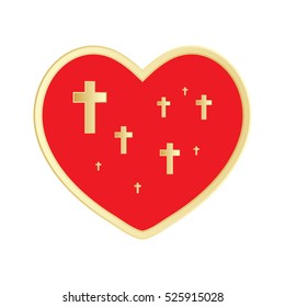 Red heart with gold crucifix of Christian. Concept love God.