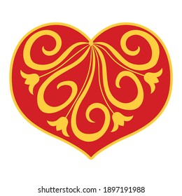 Corazón rojo con un patrón de flores doradas aislado en fondo blanco. Ilustración vectorial del Día de San Valentín.