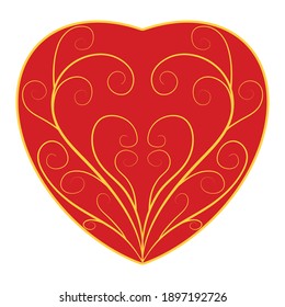 Red heart with gold pattern isolated on white background. Vector illustration for Valentine's Day.