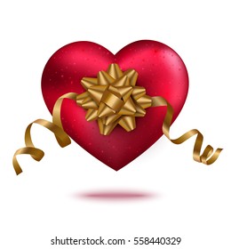 Red heart with gold ribbon and bow. Vector illustration for Valentines card or love background.