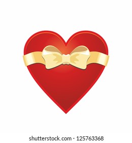 Red heart with gold ribbon. Vector illustration. Valentine`s day element