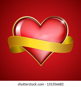 Red   heart  & gold ribbon. Vector illustration