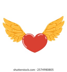 Red heart with gold wings sticker for Valentine's Day. Love symbol for print and web design. Vector icon, logo illustration, vector graphics isolated on white