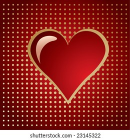 Red Heart with golden frame on a halftone background. Happy valentines day illustration. Love concept. Holiday vector background 