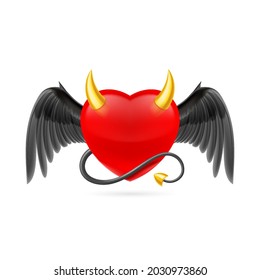 Red Heart with Golden Horns, Black Wings and Devil Tail. Cute Cartoon Style Illustration. Romantic Love Lovesickness Symbol. St Valentine Greeting Card Decor, or Marriage Anniversary