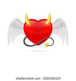 Red Heart with Golden Horns, White Angel Wings and Black Tail. Cute Cartoon Style Illustration. Romantic Love Lovesickness Symbol. St Valentine Greeting Card Decor, or Marriage Anniversary