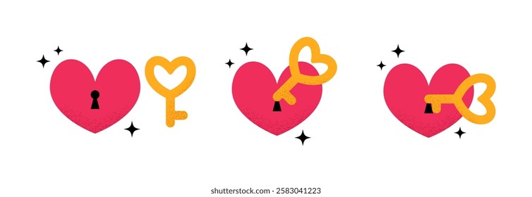 Red Heart with Golden Key and Sparkles Vector Illustration