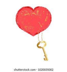 Red heart with a Golden key. Vector design element for Valentine Day and other design
