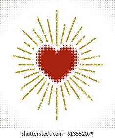 Red heart with golden rays. Golden sparkles texture. Vector drawing.
