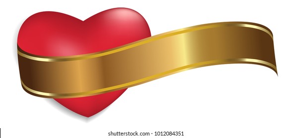 Red heart with Golden ribbon isolated on white background. Decoration for Valentine's day and other holidays. Vector illustration.