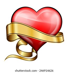 Red heart with golden ribbon for valentines day