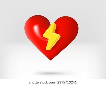 Red heart with golden thunderbolt. 3d vector illustration