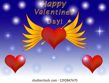 Red heart with golden wings for Valentine's day