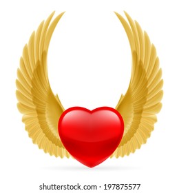 Red heart with golden yellow wings up.