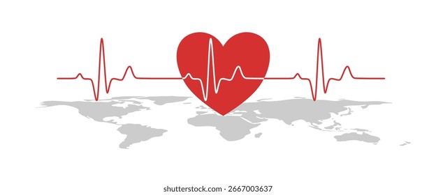 Corazón rojo con gráfico de corazón en el mapa mundial gris para el Día Mundial del Corazón. Vector Ilustración plana.