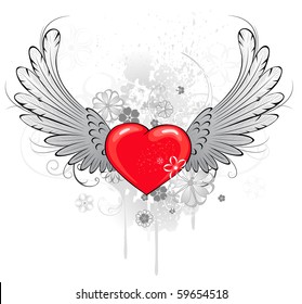 red heart with gray wings, decorated with stylized flowers.